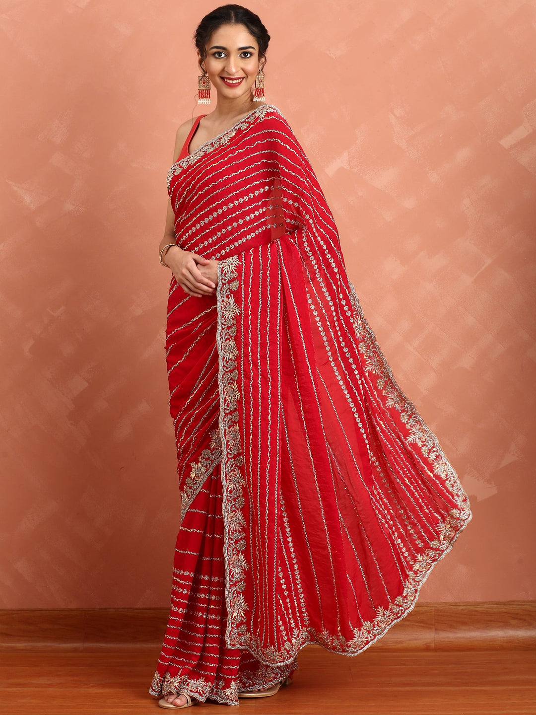 Neerus Red embellished Swarovski Cut Dana saree - back view