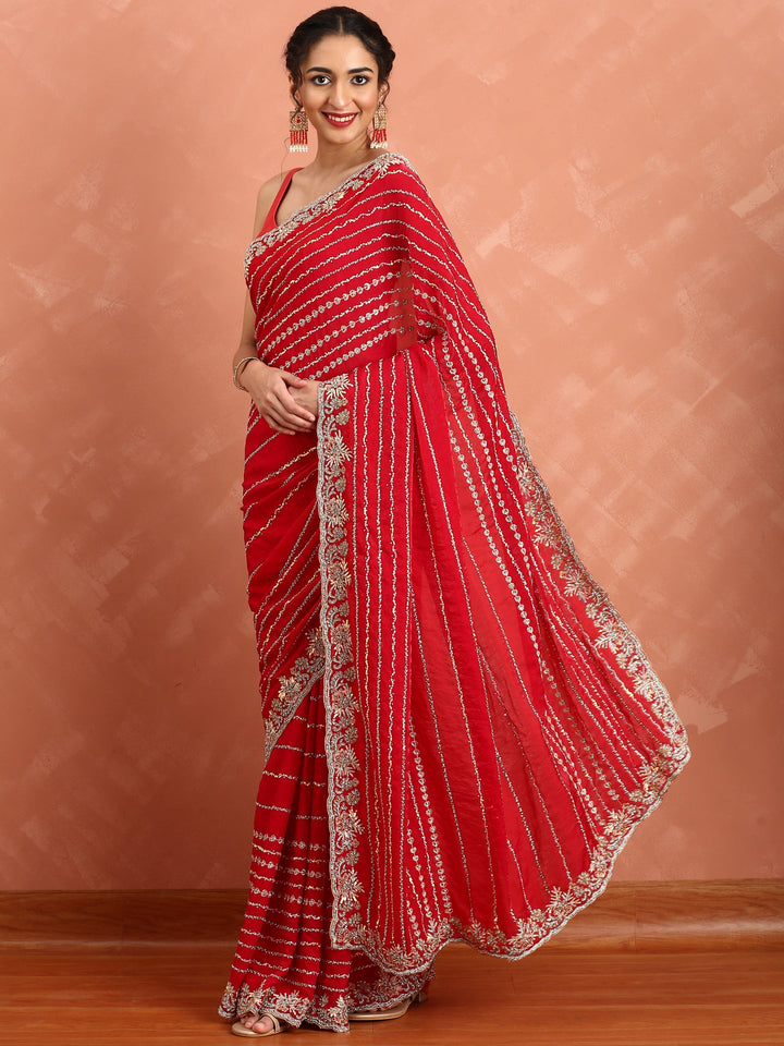 Neerus Red embellished Swarovski Cut Dana saree - back view