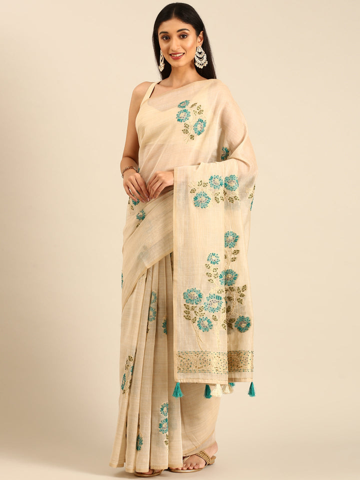 Cream Chanderi Silk Saree With Sequins And French Knot Embroidery