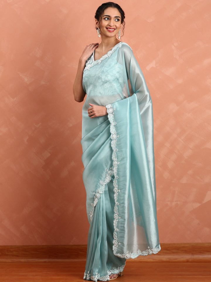Neerus Blue tissue embellished saree with pearl and sequin work - detail view 1