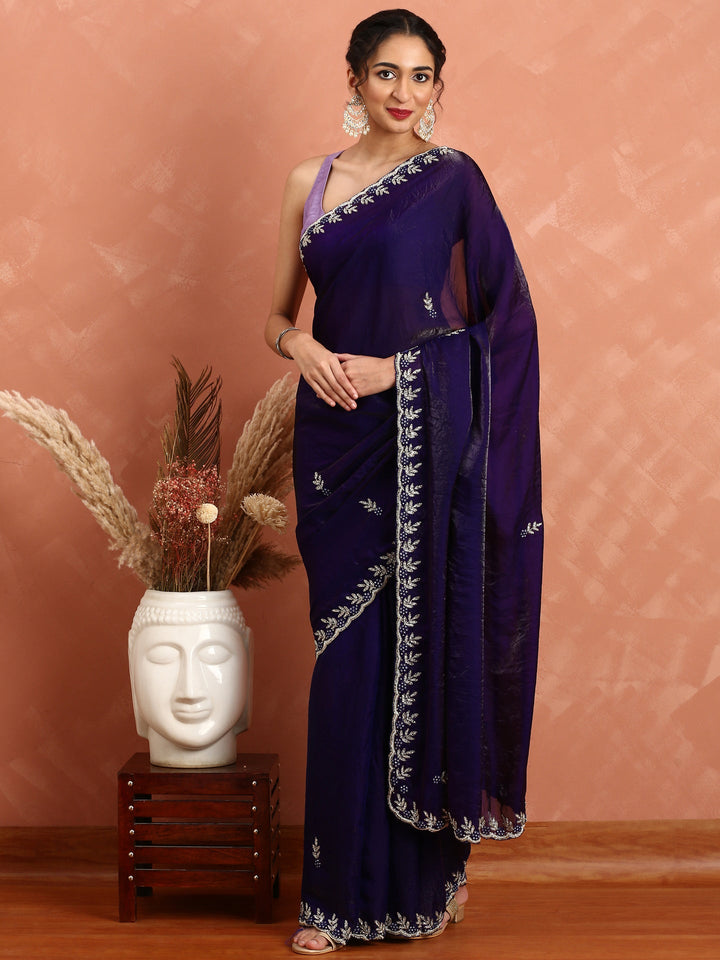 Purple Jimmy tissue saree with hand embroidery