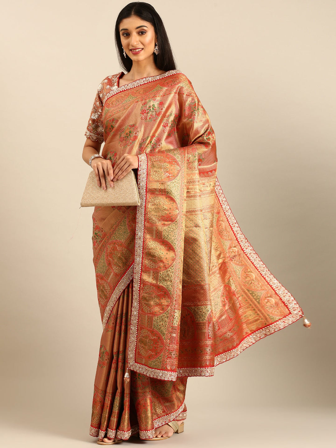 Neerus Red Banarasi hand embroidered saree with gold zardozi work - detail view 1