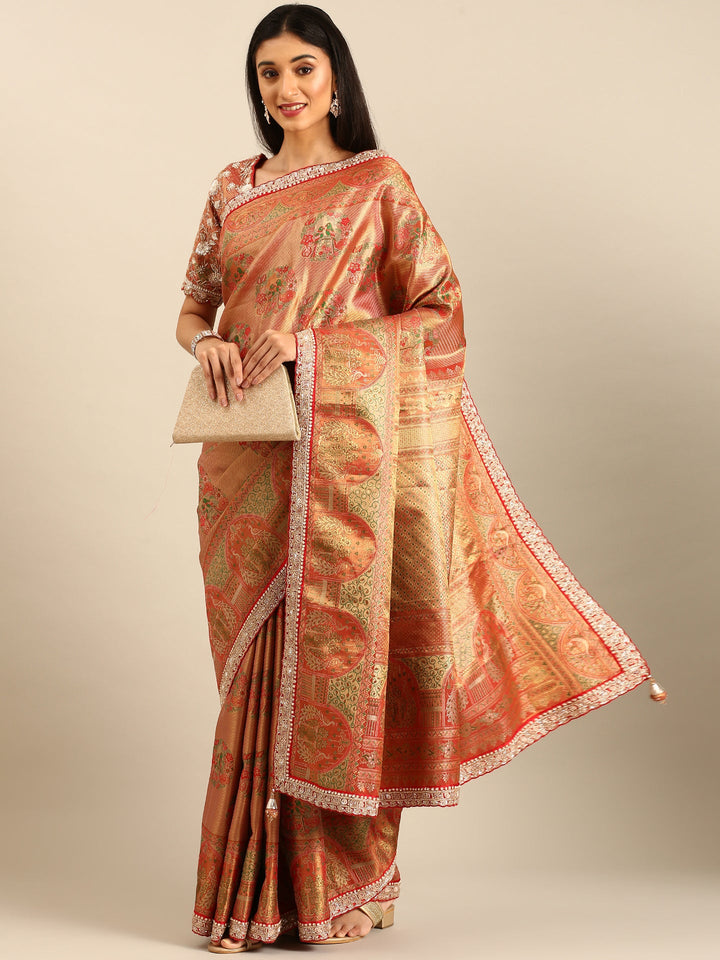 Neerus Red Banarasi hand embroidered saree with gold zardozi work - detail view 1