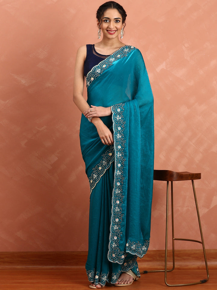Neerus Green Jacquard Hand Embroidered Saree - detail view 1