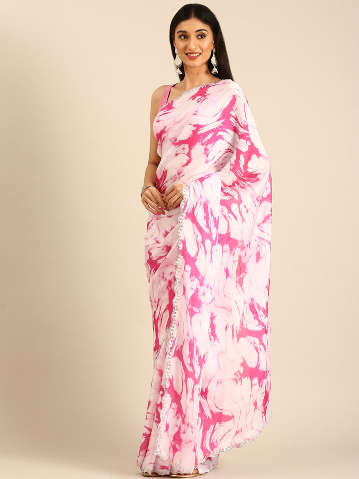 Pink & white printed satin saree with Swarovski embroidery