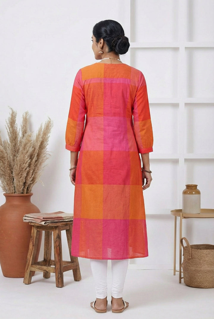 Neerus Pink orange colorblock cotton kurta - side view