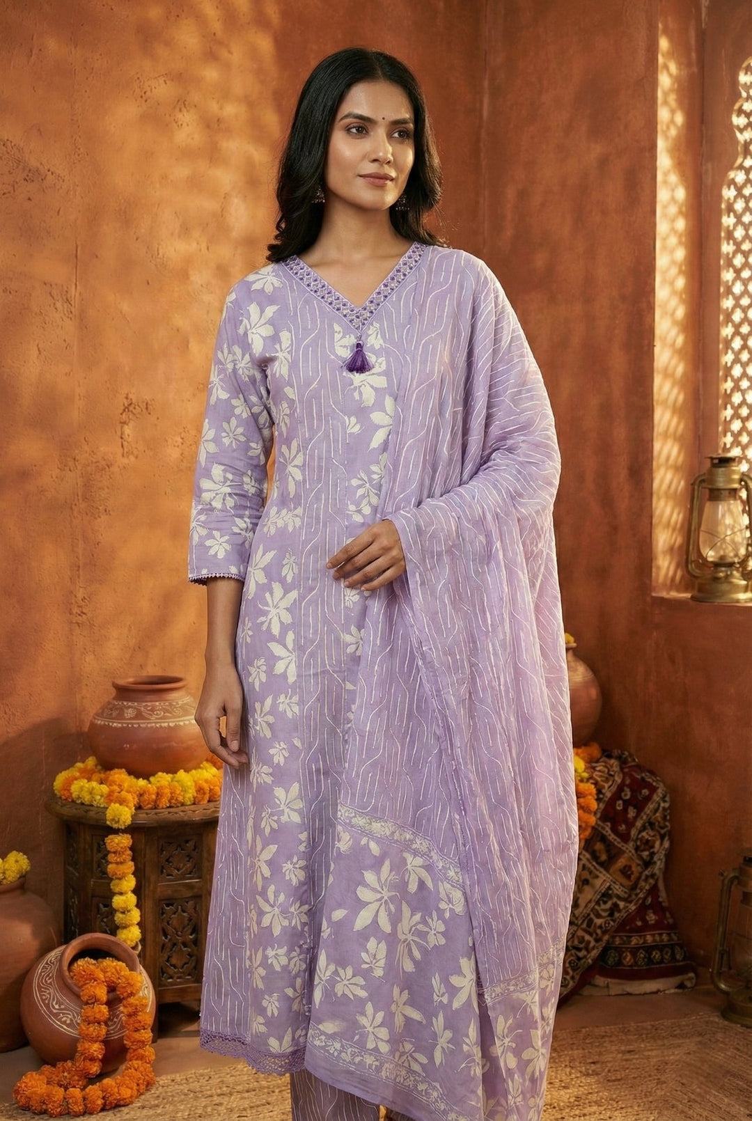 Neerus Purple cotton thread embroidered suit set - front view