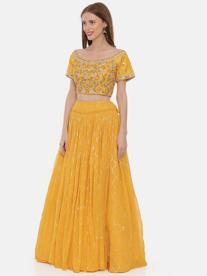 Neerus Yellow georgette embellished lehenga set - back view