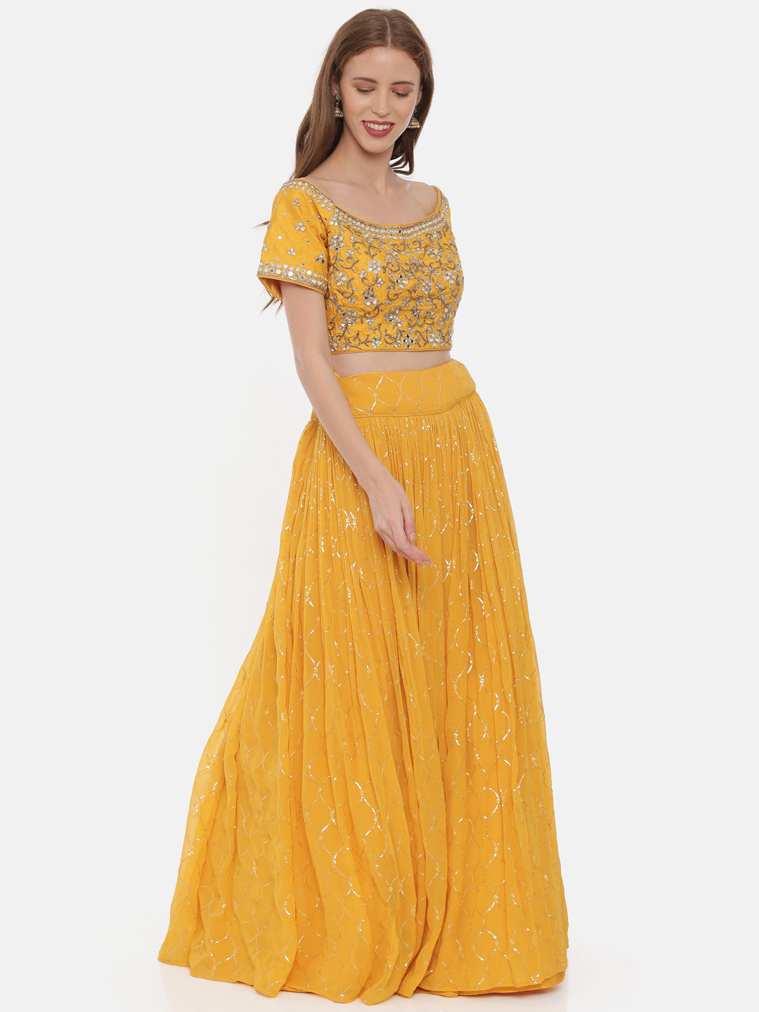 Neerus Yellow georgette embellished lehenga set - side view