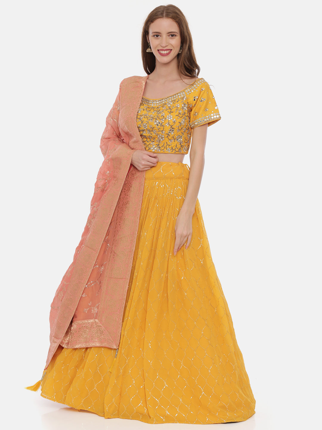 Neerus Yellow georgette embellished lehenga set - detail view 2