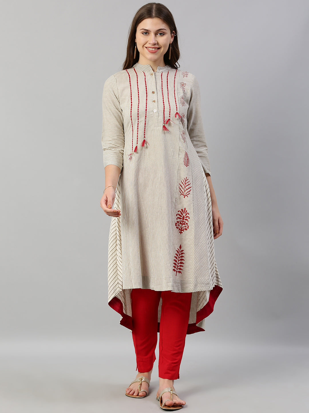 Neerus White striped cotton A-line kurti - front view