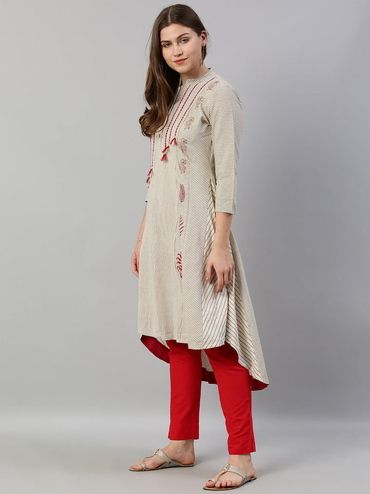 Neerus White striped cotton A-line kurti - side view