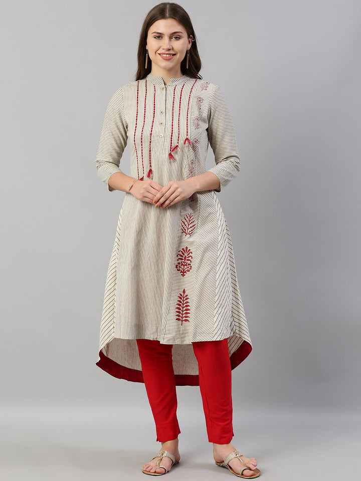 Neerus White striped cotton A-line kurti - detail view 2