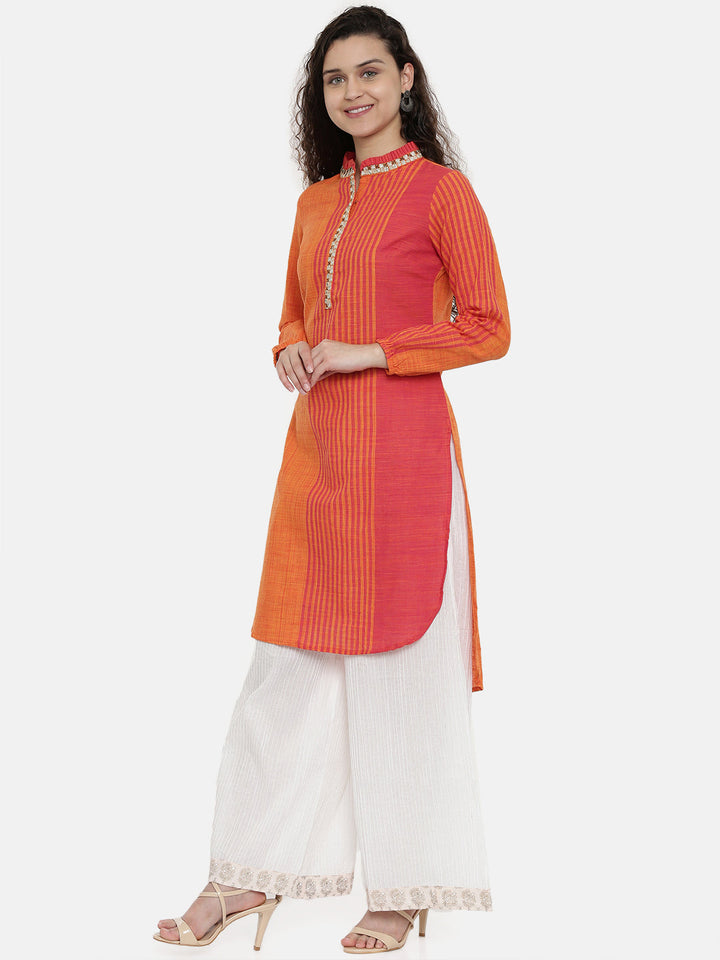 Neerus Orange slub cotton printed A-line kurta - side view