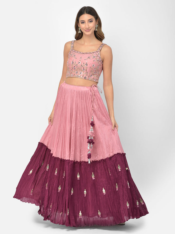 Neerus Pink georgette mirror work lehenga choli - detail view 5