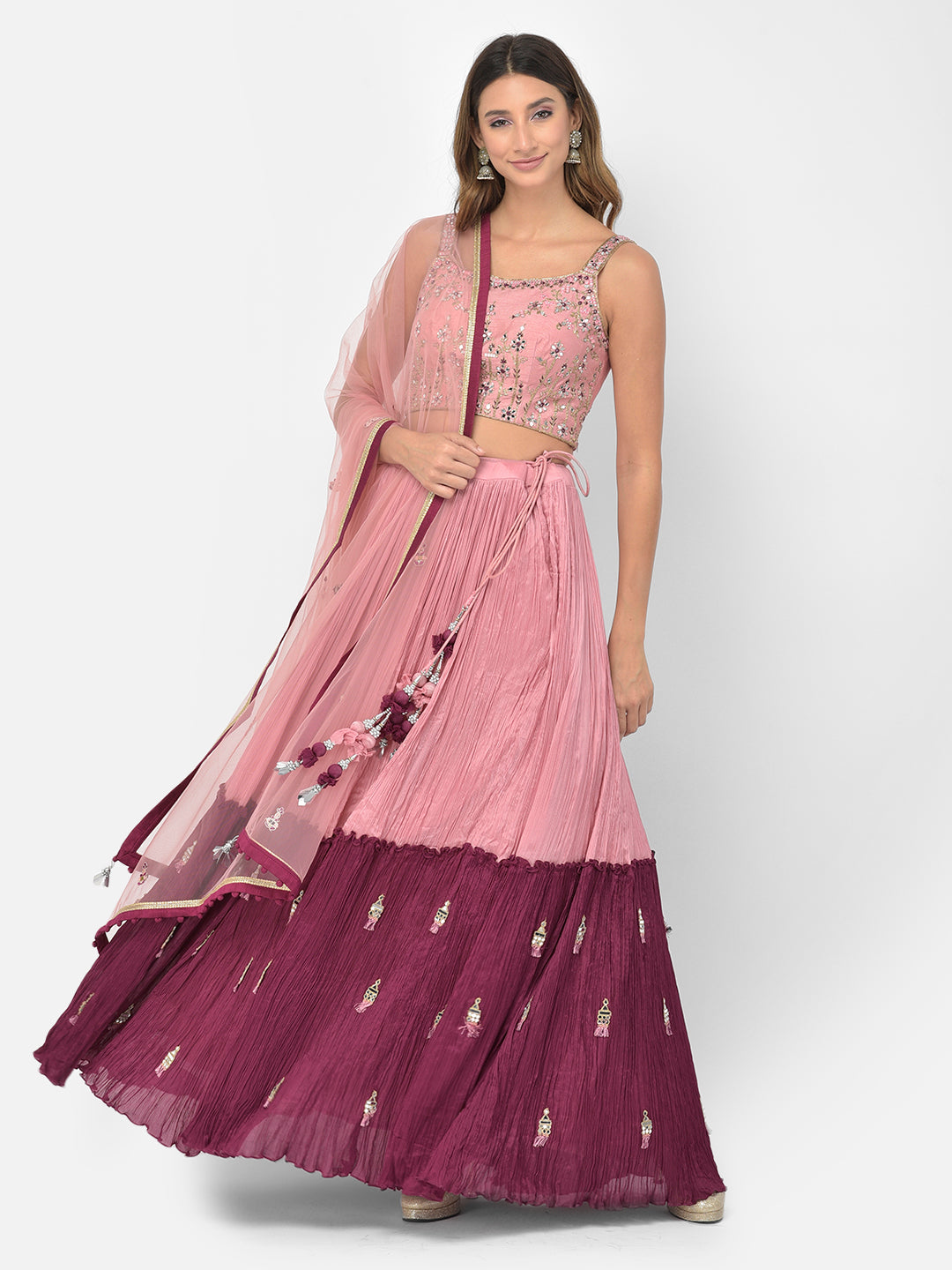 Neerus Pink georgette mirror work lehenga choli - front view