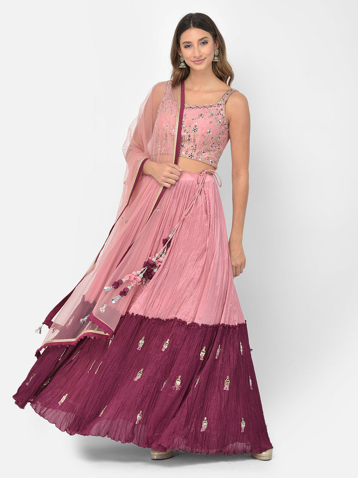 Neerus Pink georgette mirror work lehenga choli - front view