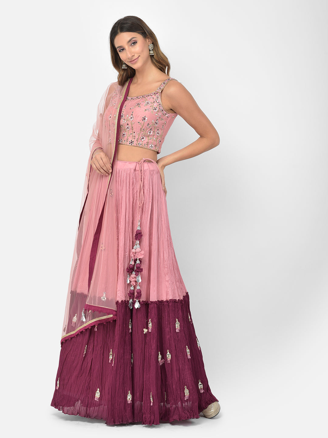 Neerus Pink georgette mirror work lehenga choli - back view