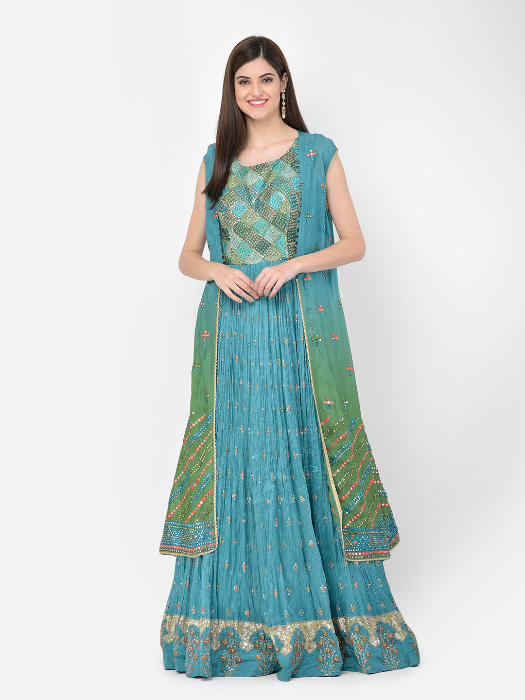 Neerus Green Georgette Anarkali Suit Set - front view
