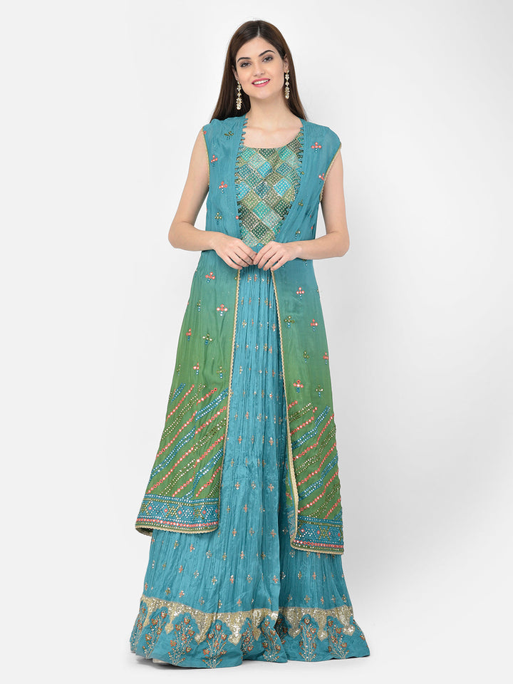 Neerus Green Georgette Anarkali Suit Set - back view