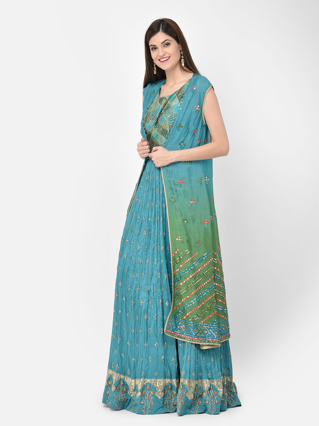 Neerus Green Georgette Anarkali Suit Set - side view
