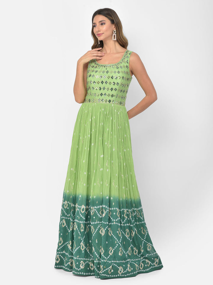Neerus Green georgette mirror work anarkali kurta set - front view