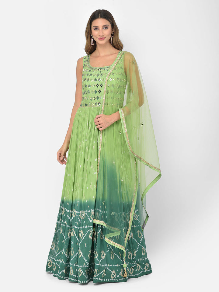 Neerus Green georgette mirror work anarkali kurta set - detail view 15