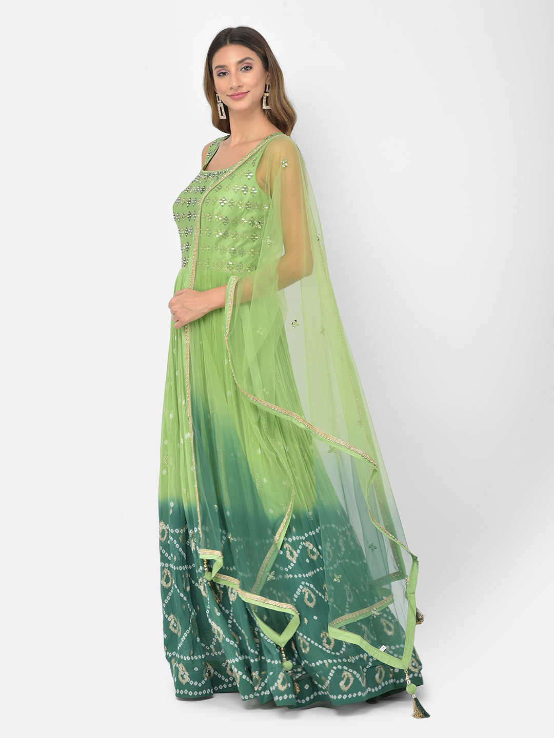 Neerus Green georgette mirror work anarkali kurta set - side view