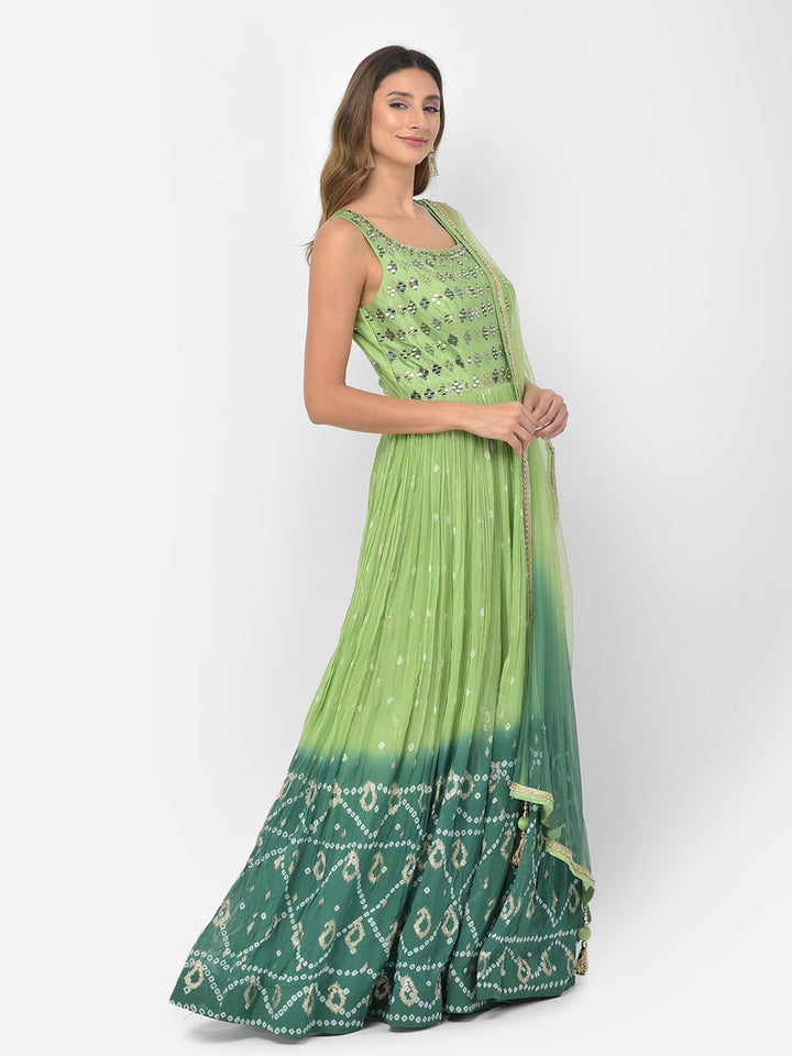 Neerus Green georgette mirror work anarkali kurta set - detail view 1