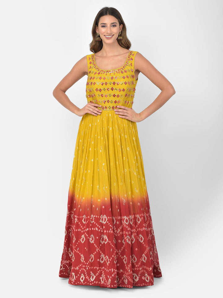 Neerus Yellow georgette mirror work Anarkali kurta set - front view