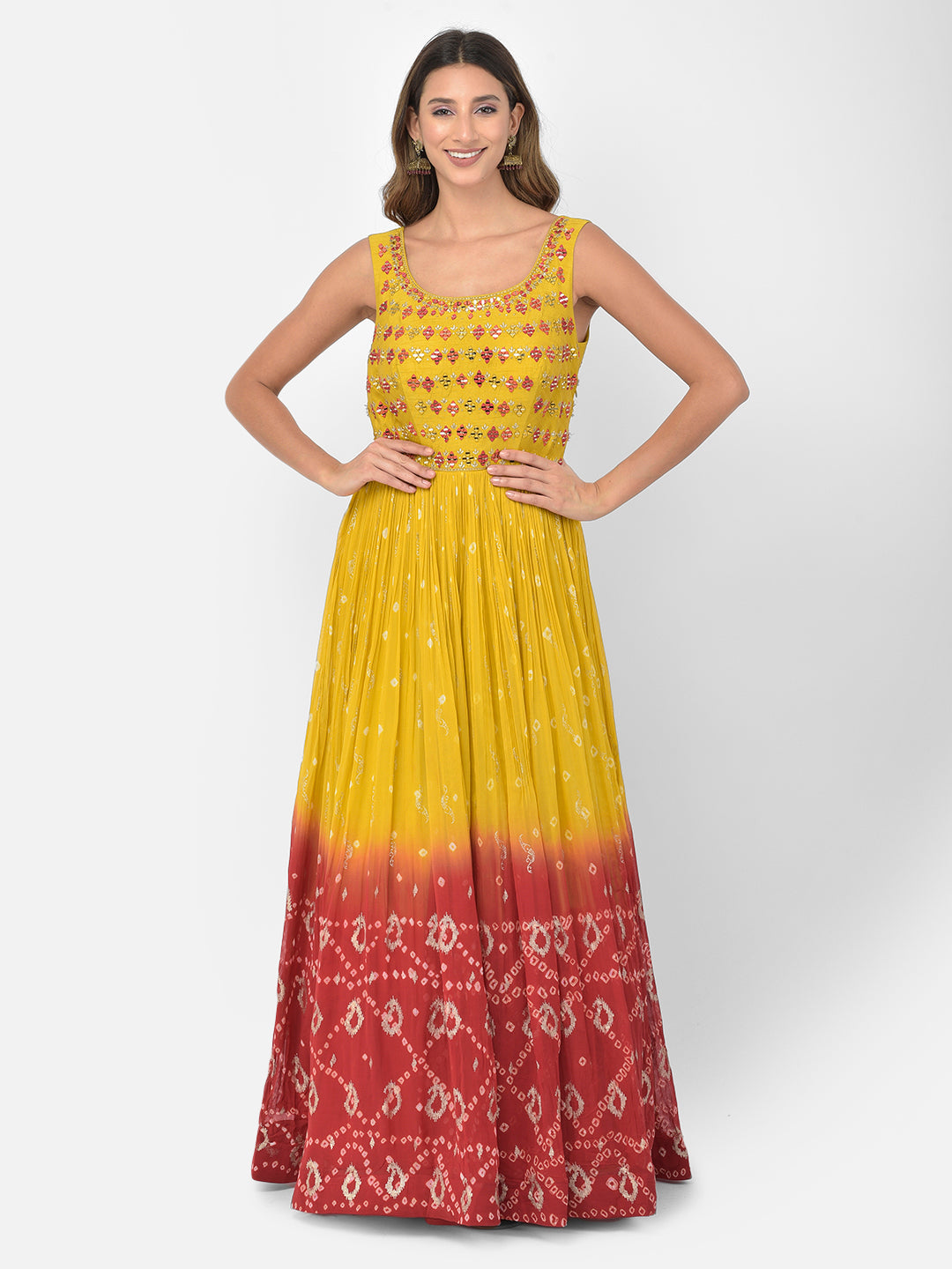 Neerus Yellow georgette mirror work Anarkali kurta set - detail view 7
