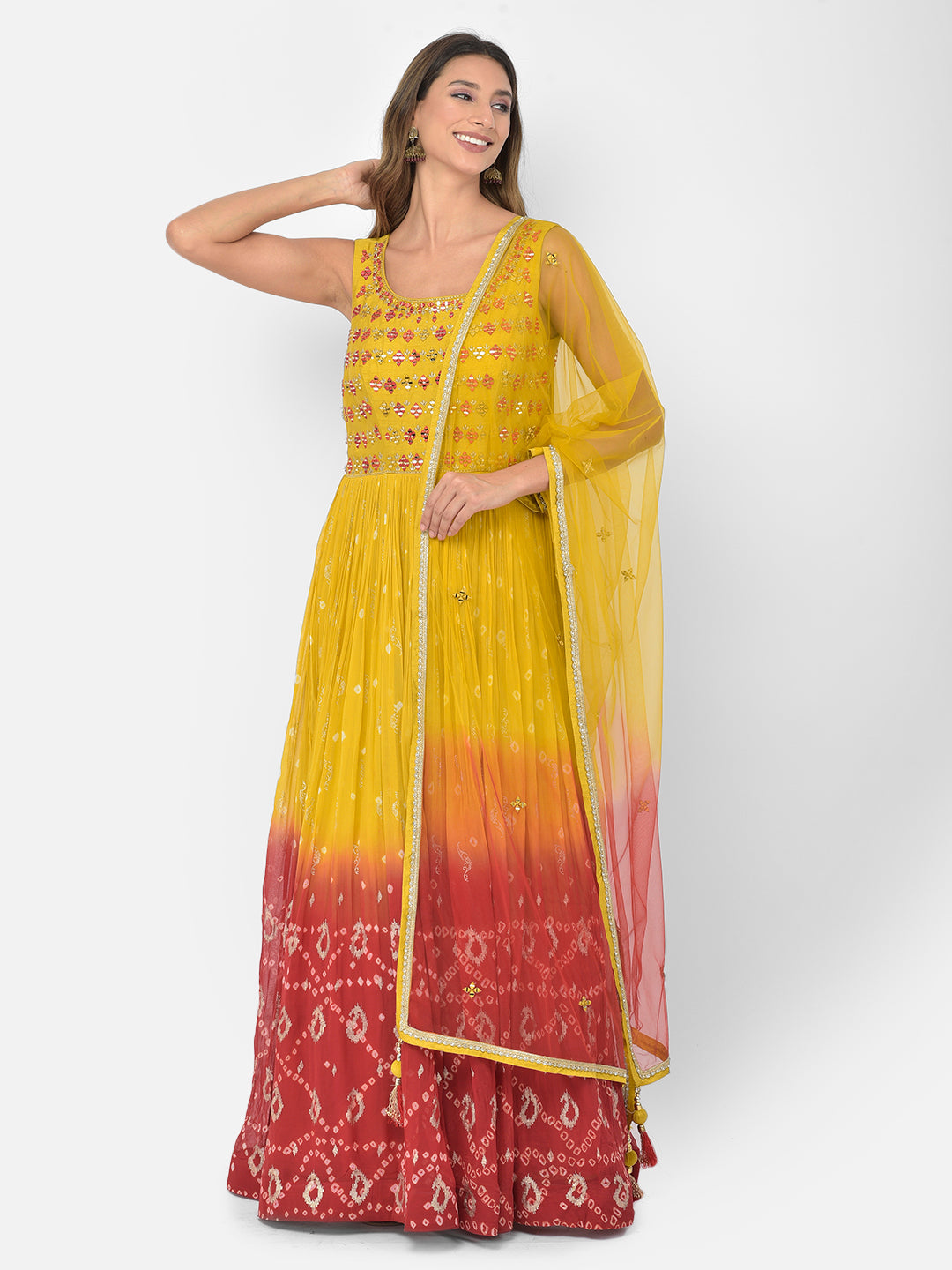 Neerus Yellow georgette mirror work Anarkali kurta set - detail view 15