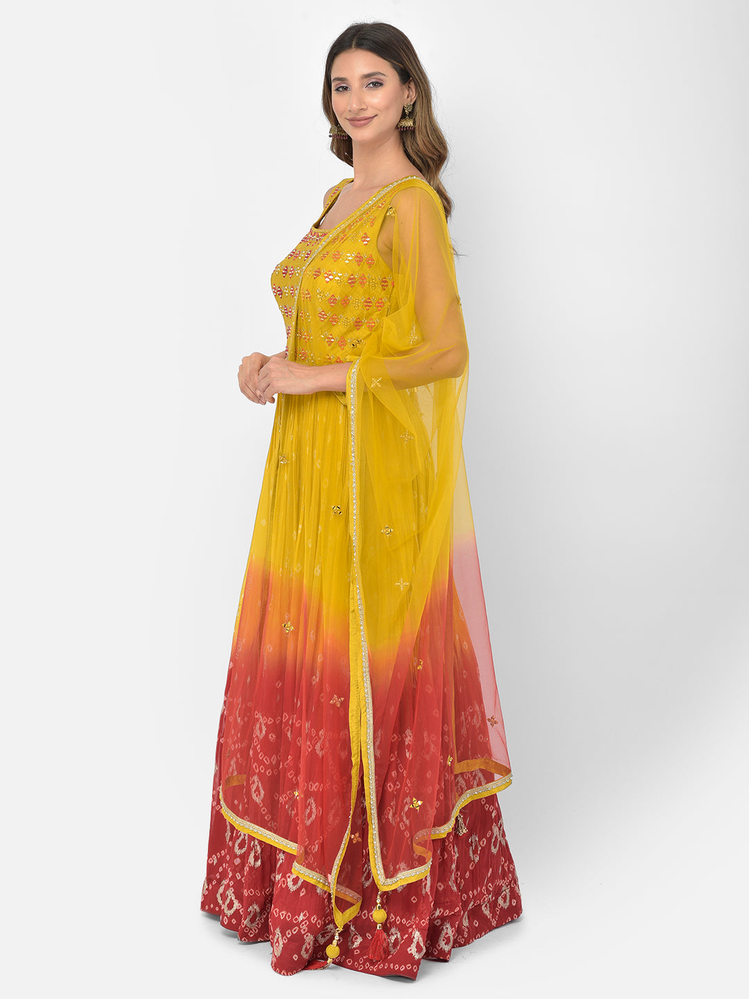 Neerus Yellow georgette mirror work Anarkali kurta set - side view