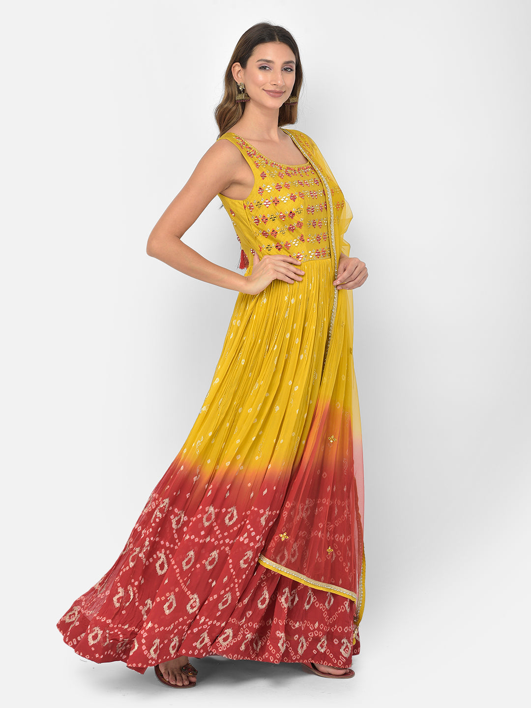 Neerus Yellow georgette mirror work Anarkali kurta set - detail view 9