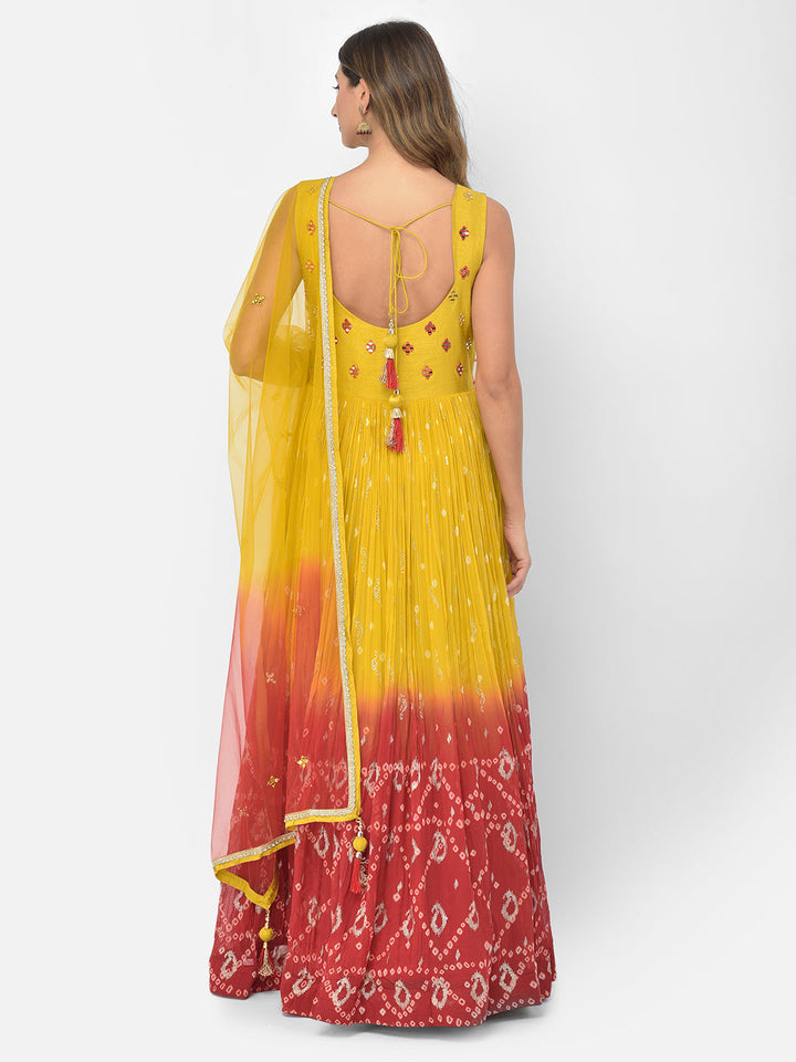 Neerus Yellow georgette mirror work Anarkali kurta set - detail view 2