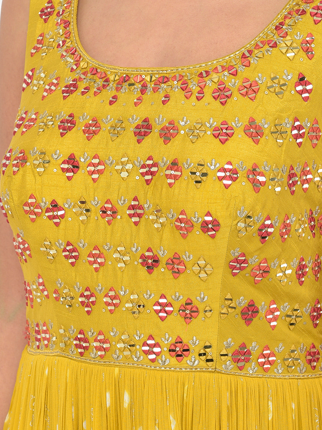 Neerus Yellow georgette mirror work Anarkali kurta set - detail view 11