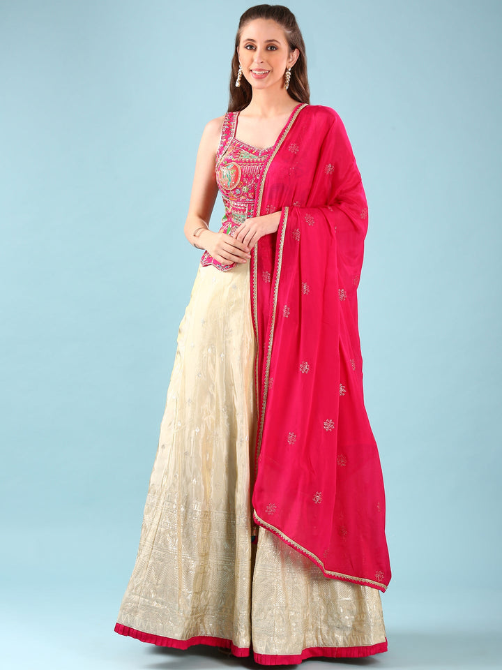 Neerus Pink tissue hand embroidered lehenga set - front view
