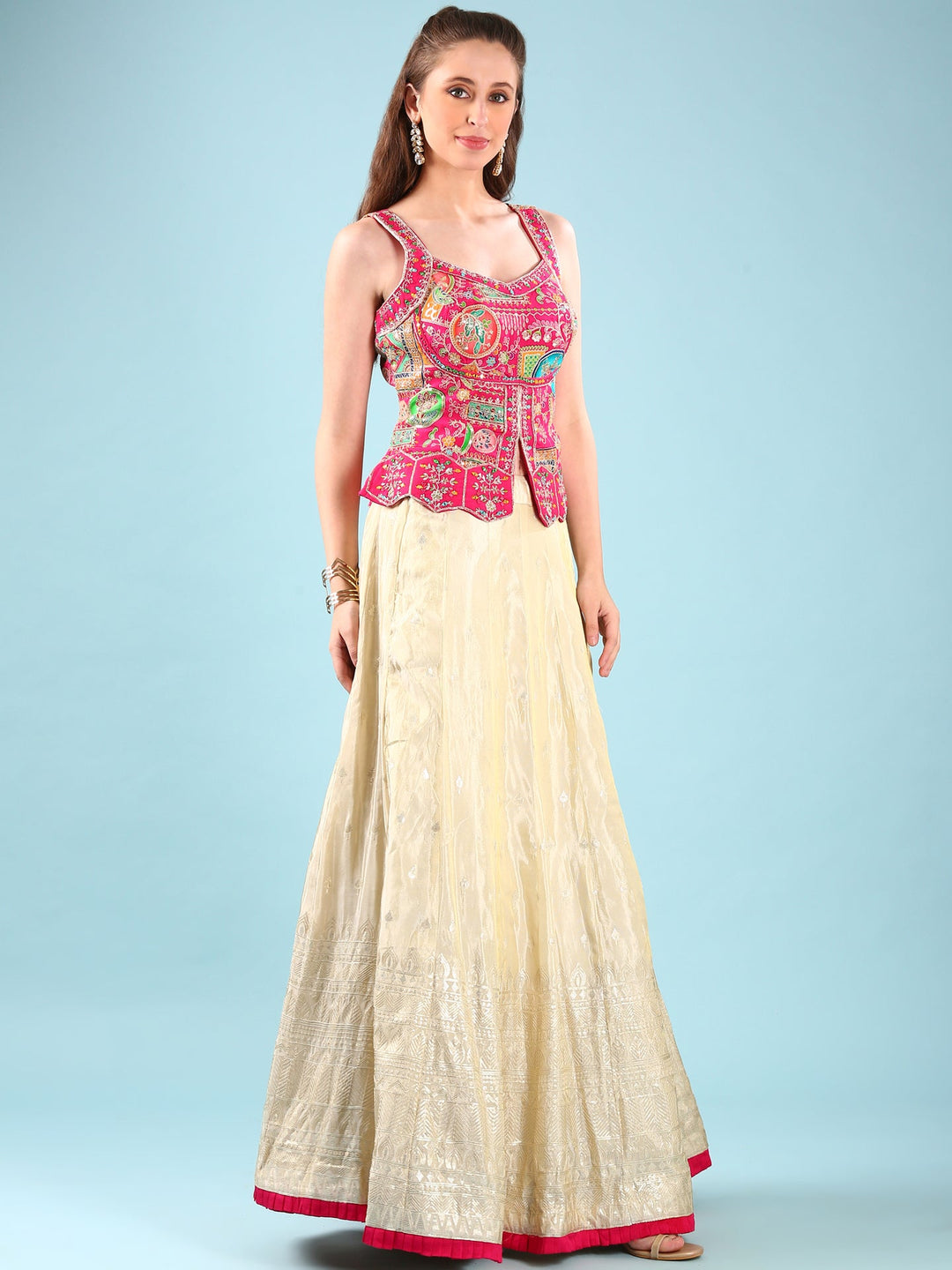 Neerus Pink tissue hand embroidered lehenga set - back view
