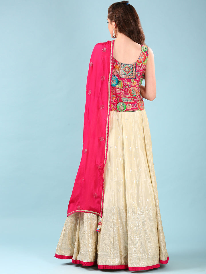 Pink Tissue Hand Embroidery Ghagra Set