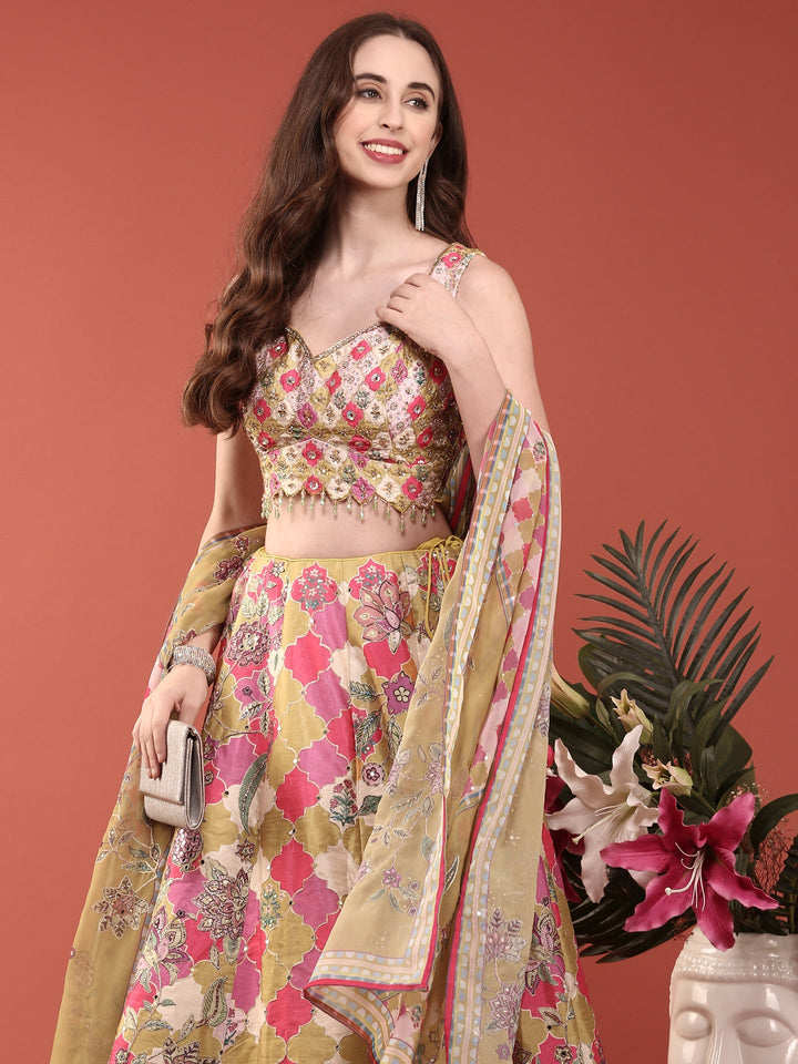 Neerus Green organza embellished lehenga set - detail view 3