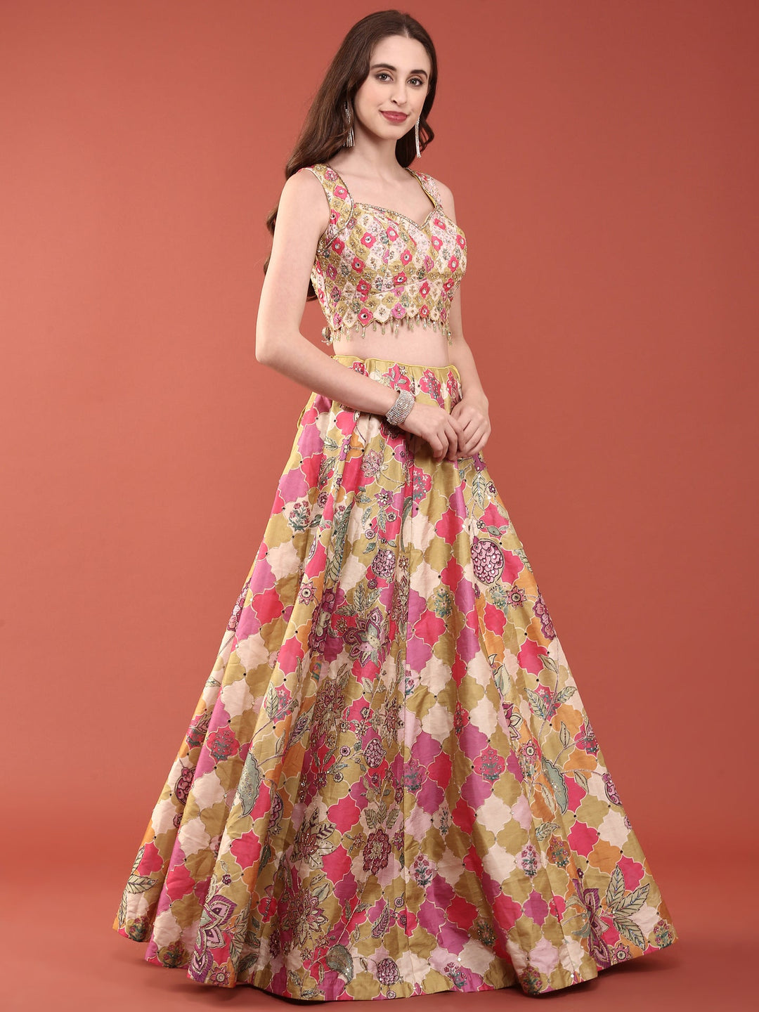 Neerus Green organza embellished lehenga set - side view