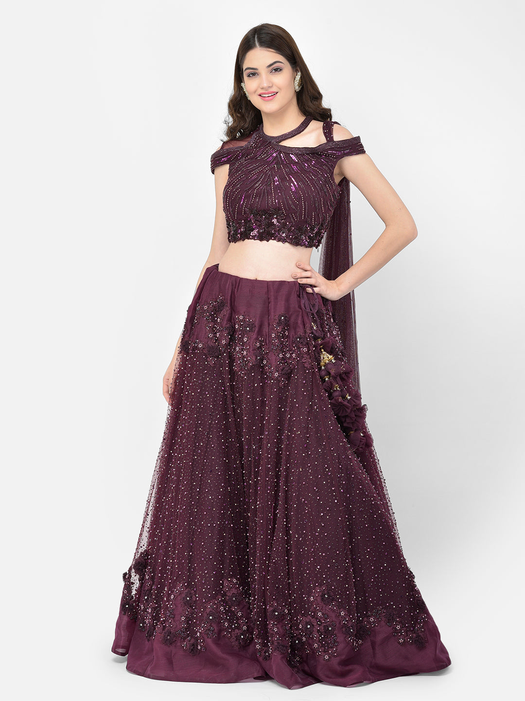 Neerus Maroon net embellished lehenga choli - detail view 3