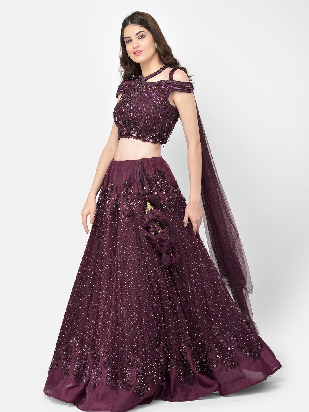 Neerus Maroon net embellished lehenga choli - front view