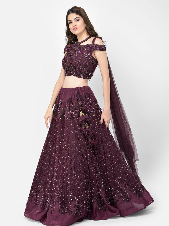 Neerus Maroon net embellished lehenga choli - front view