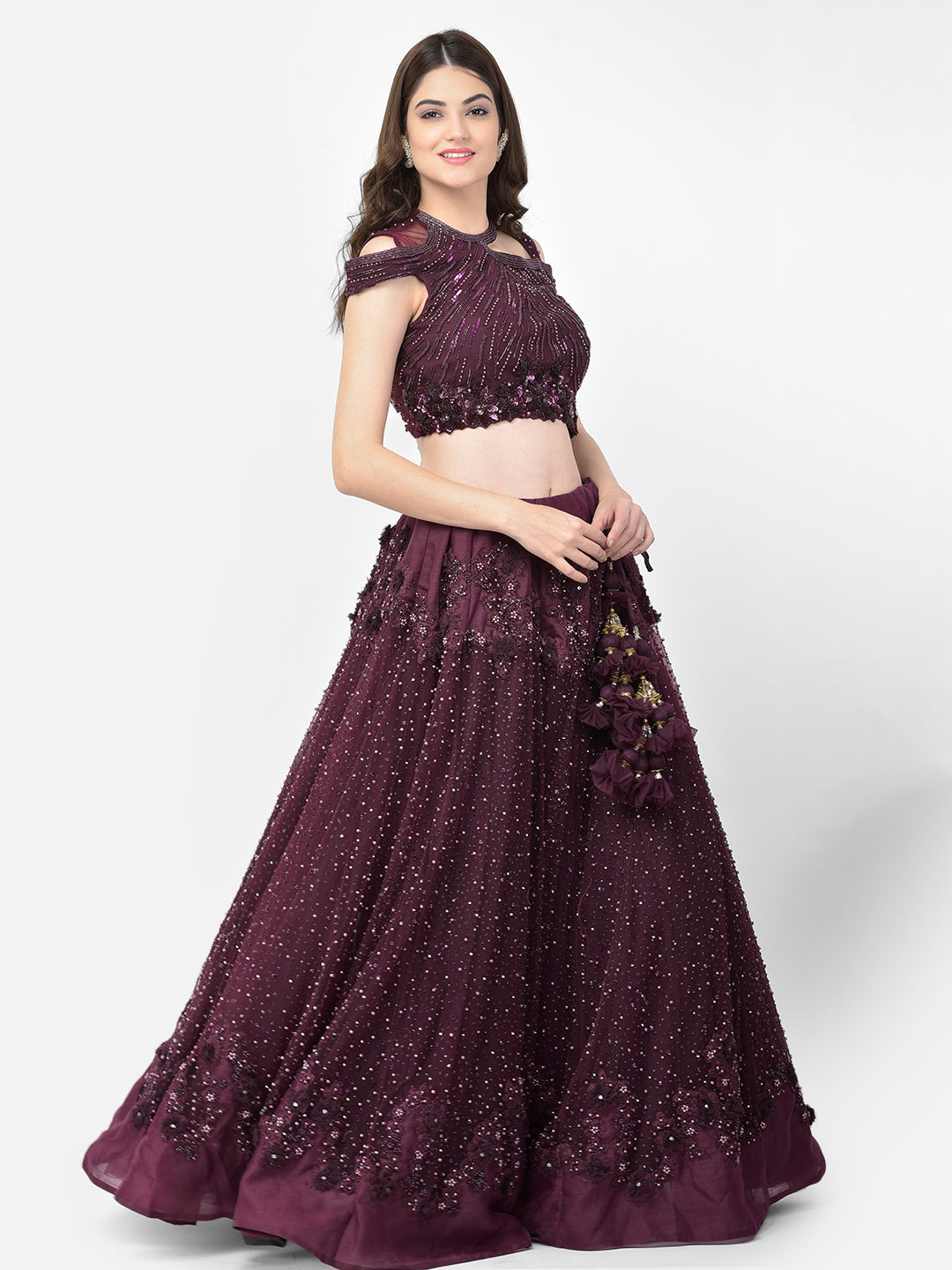 Neerus Maroon net embellished lehenga choli - back view