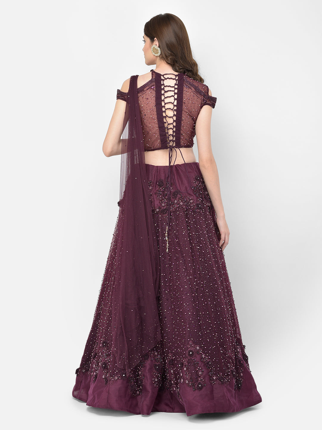 Neerus Maroon net embellished lehenga choli - side view