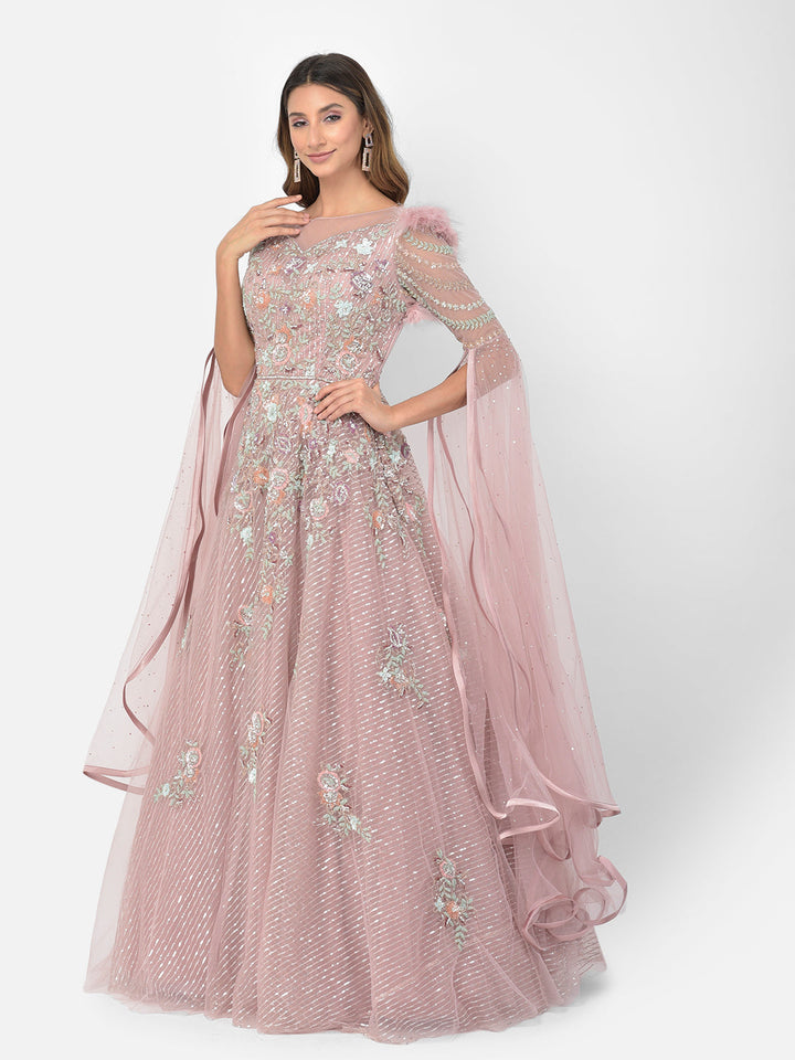 Neerus Pink net embellished gown - front view