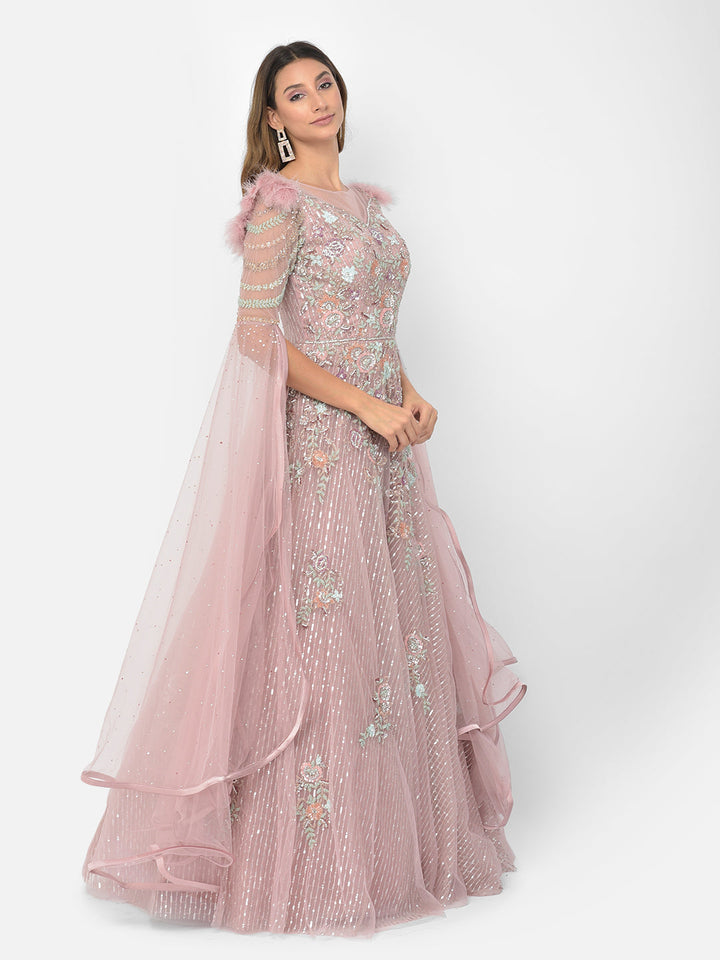 Neerus Pink net embellished gown - back view