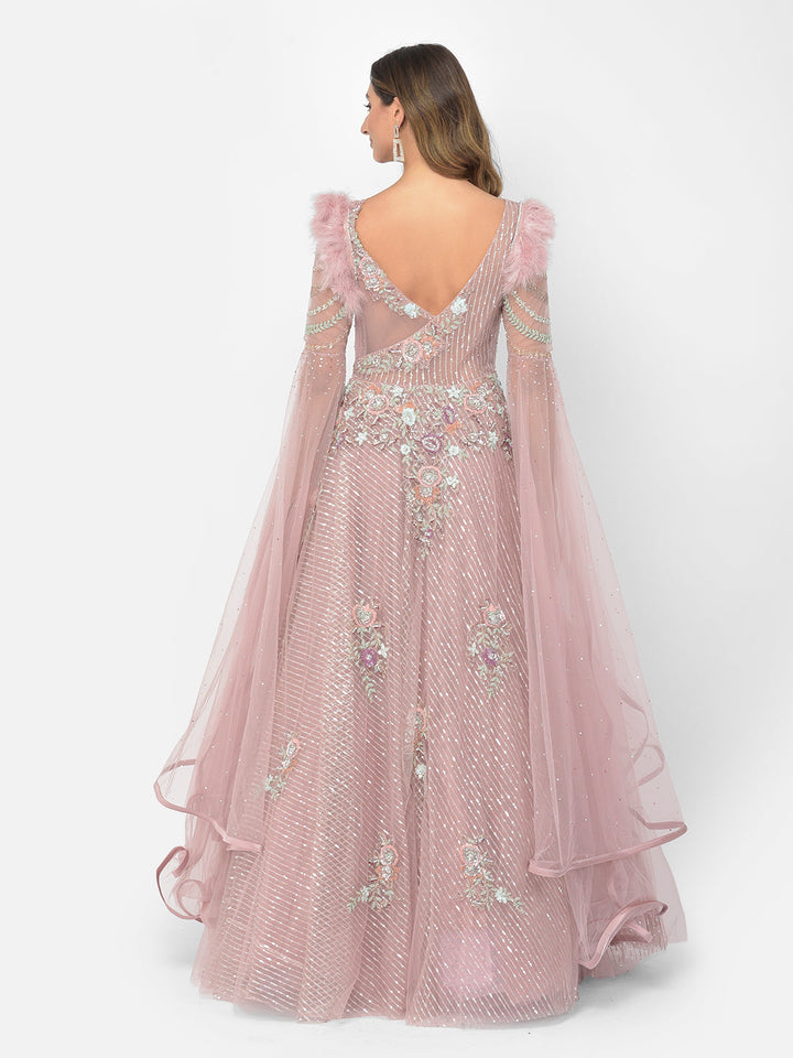 Neerus Pink net embellished gown - side view
