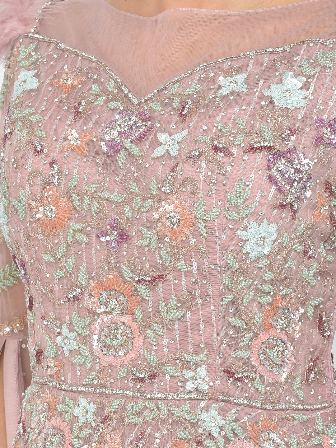 Neerus Pink net embellished gown - detail view 1